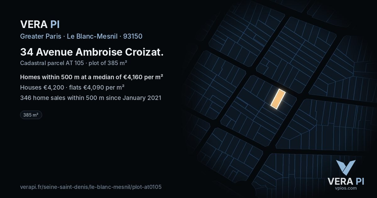 34 Avenue Ambroise Croizat, Le Blanc-Mesnil at night – the plot lit, the parcels around coloured by the prices near them