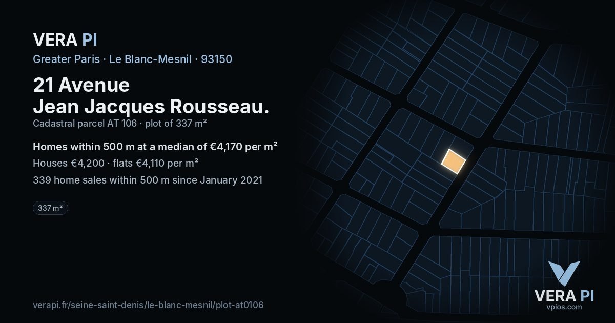 21 Avenue Jean Jacques Rousseau, Le Blanc-Mesnil at night – the plot lit, the parcels around coloured by the prices near them