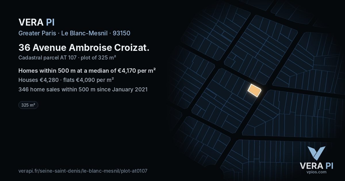 36 Avenue Ambroise Croizat, Le Blanc-Mesnil at night – the plot lit, the parcels around coloured by the prices near them