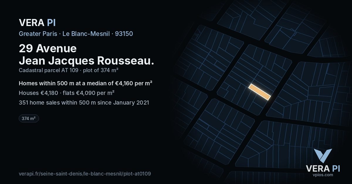 29 Avenue Jean Jacques Rousseau, Le Blanc-Mesnil at night – the plot lit, the parcels around coloured by the prices near them