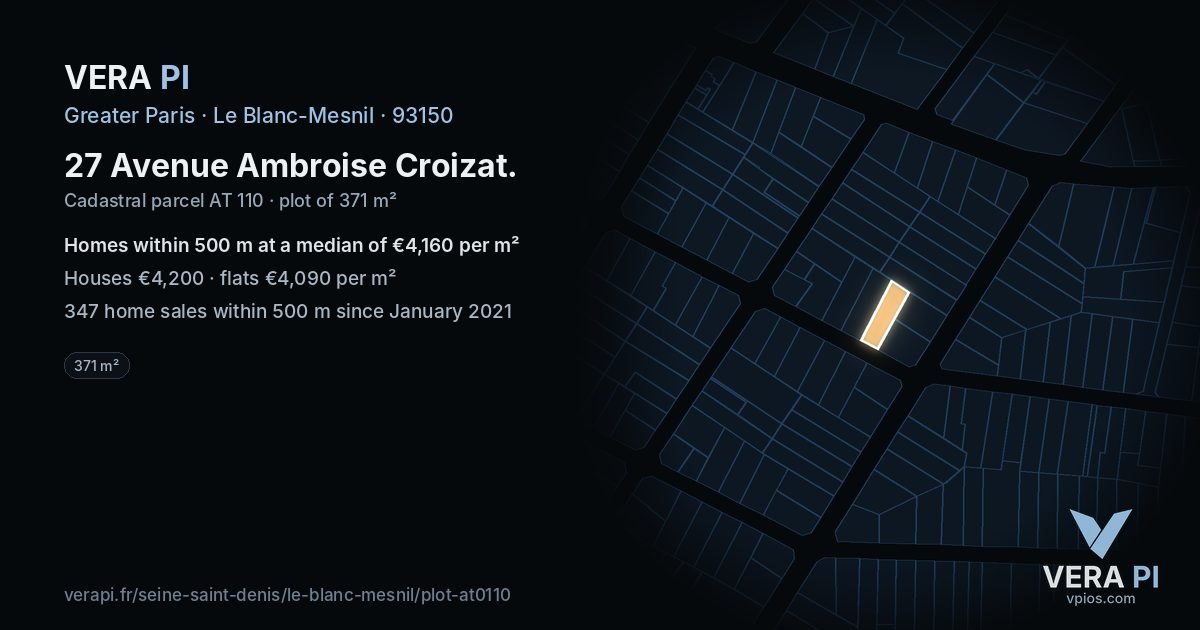 27 Avenue Ambroise Croizat, Le Blanc-Mesnil at night – the plot lit, the parcels around coloured by the prices near them