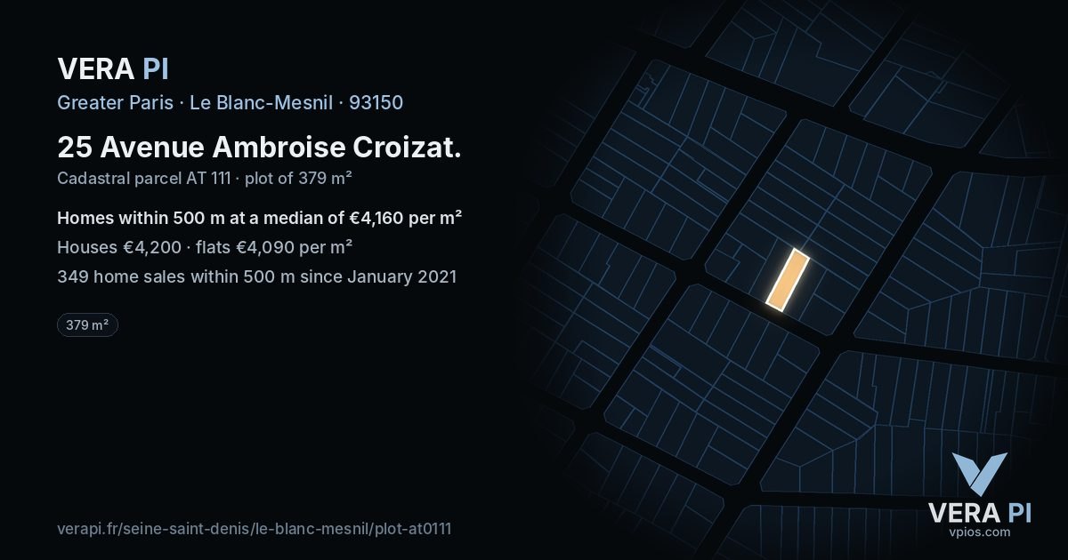 25 Avenue Ambroise Croizat, Le Blanc-Mesnil at night – the plot lit, the parcels around coloured by the prices near them