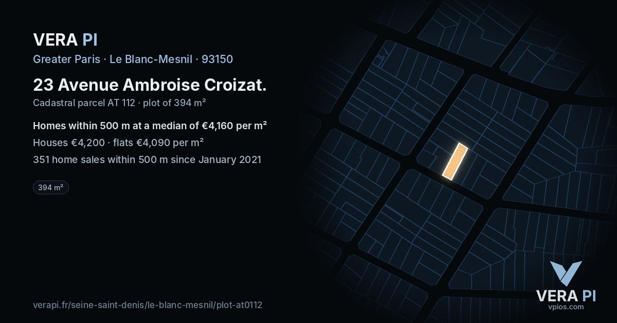 23 Avenue Ambroise Croizat, Le Blanc-Mesnil at night – the plot lit, the parcels around coloured by the prices near them