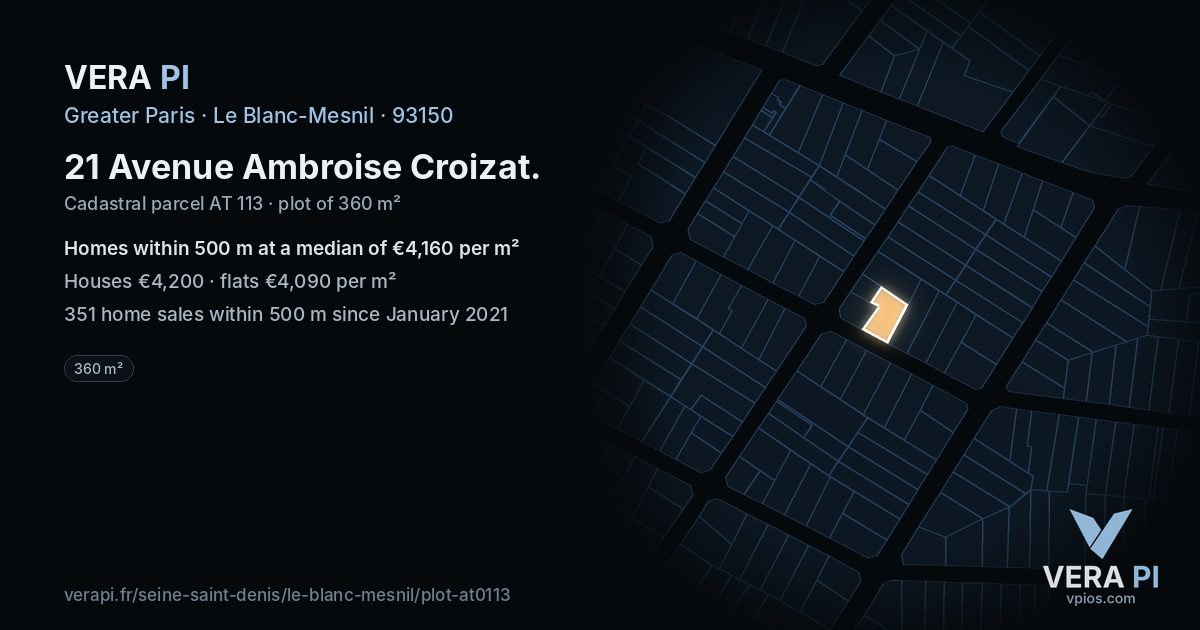 21 Avenue Ambroise Croizat, Le Blanc-Mesnil at night – the plot lit, the parcels around coloured by the prices near them