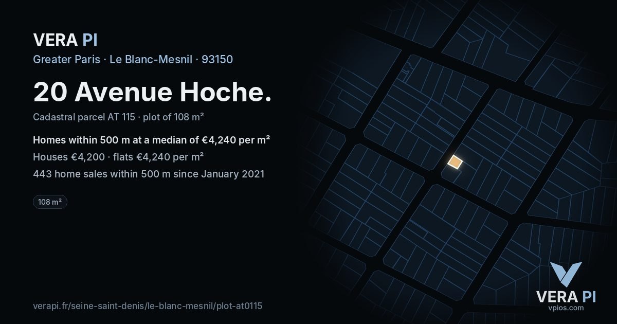 20 Avenue Hoche, Le Blanc-Mesnil at night – the plot lit, the parcels around coloured by the prices near them