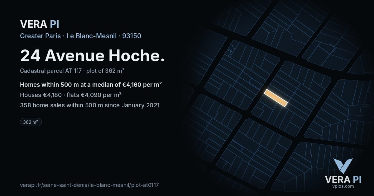 24 Avenue Hoche, Le Blanc-Mesnil at night – the plot lit, the parcels around coloured by the prices near them