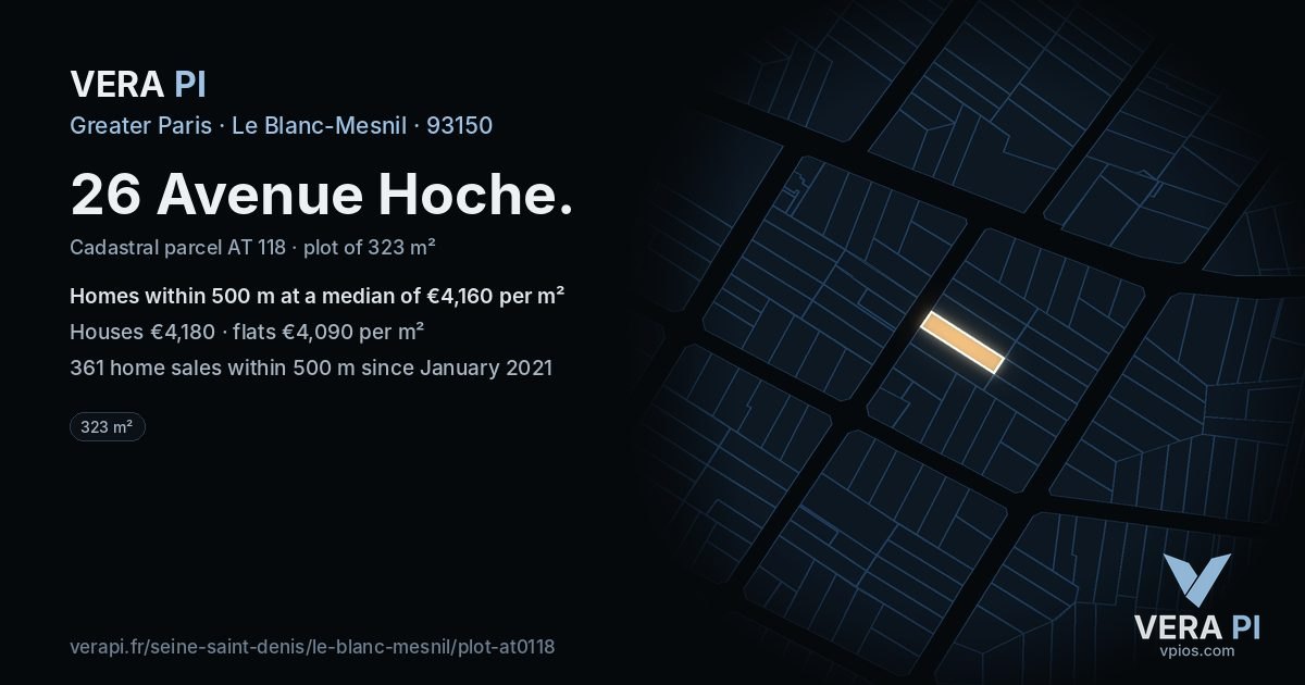 26 Avenue Hoche, Le Blanc-Mesnil at night – the plot lit, the parcels around coloured by the prices near them