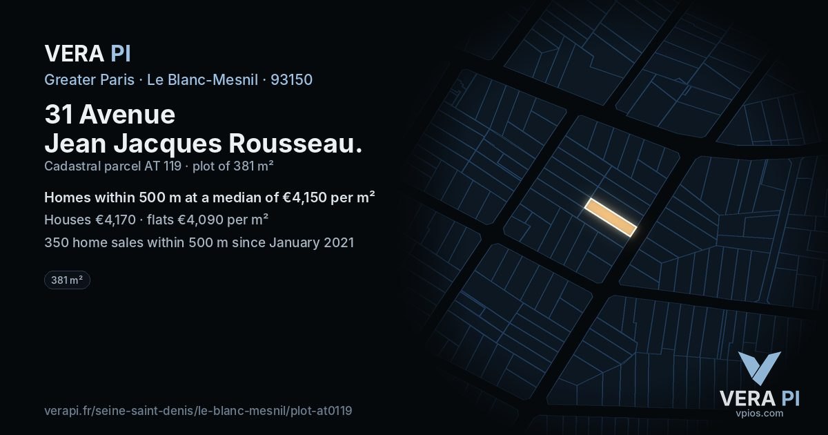 31 Avenue Jean Jacques Rousseau, Le Blanc-Mesnil at night – the plot lit, the parcels around coloured by the prices near them
