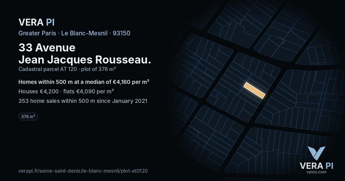 33 Avenue Jean Jacques Rousseau, Le Blanc-Mesnil at night – the plot lit, the parcels around coloured by the prices near them