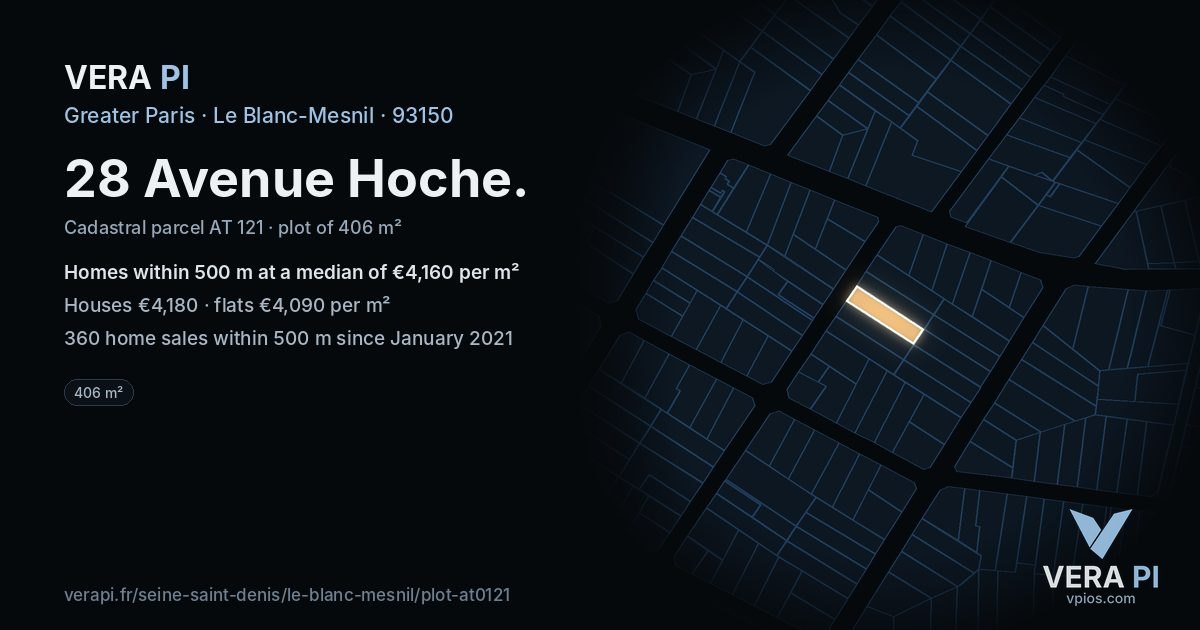 28 Avenue Hoche, Le Blanc-Mesnil at night – the plot lit, the parcels around coloured by the prices near them