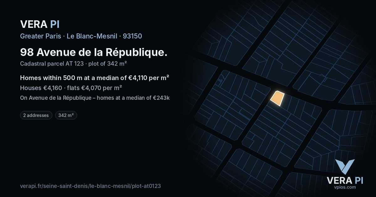 98 Avenue de la République, Le Blanc-Mesnil at night – the plot lit, the parcels around coloured by the prices near them
