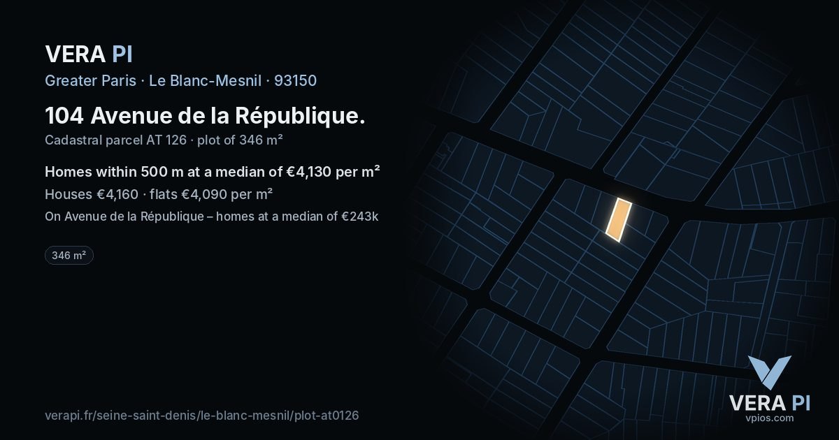104 Avenue de la République, Le Blanc-Mesnil at night – the plot lit, the parcels around coloured by the prices near them