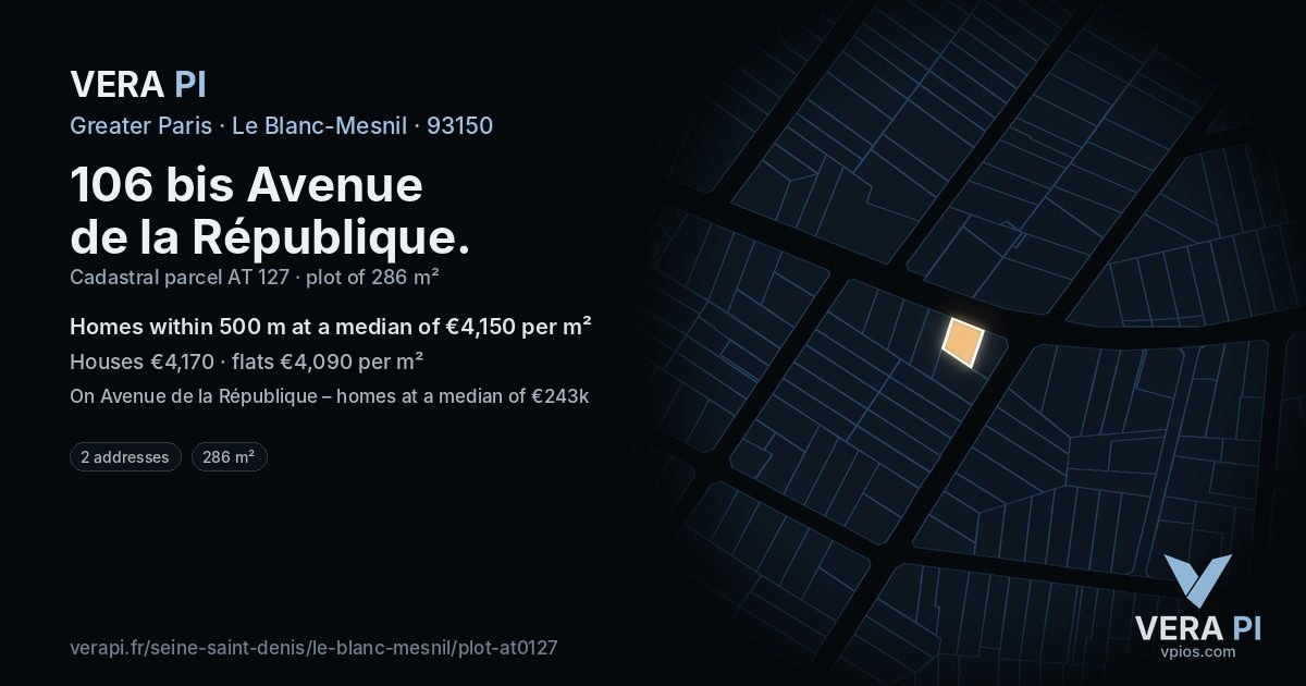 106 bis Avenue de la République, Le Blanc-Mesnil at night – the plot lit, the parcels around coloured by the prices near them