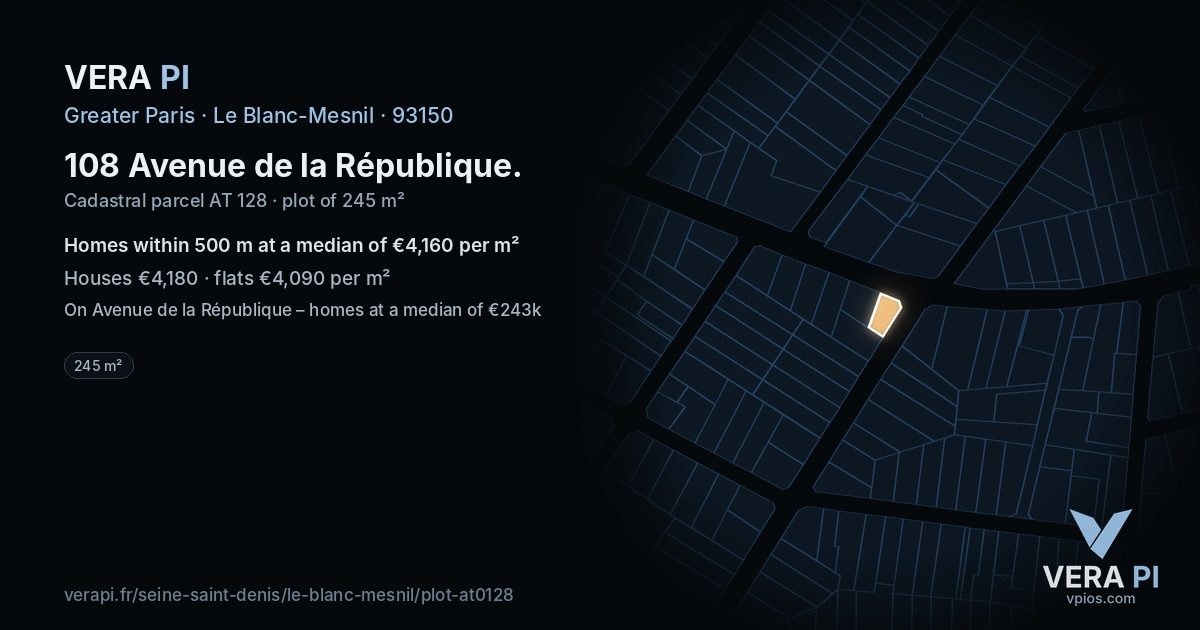 108 Avenue de la République, Le Blanc-Mesnil at night – the plot lit, the parcels around coloured by the prices near them