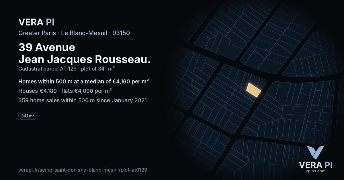 39 Avenue Jean Jacques Rousseau, Le Blanc-Mesnil at night – the plot lit, the parcels around coloured by the prices near them