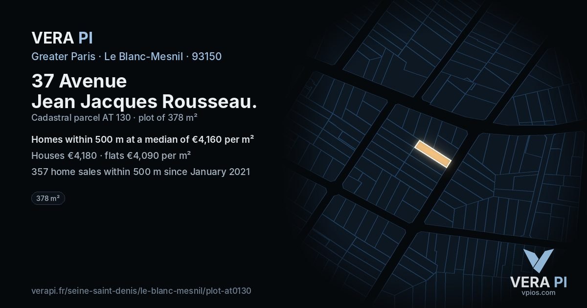 37 Avenue Jean Jacques Rousseau, Le Blanc-Mesnil at night – the plot lit, the parcels around coloured by the prices near them