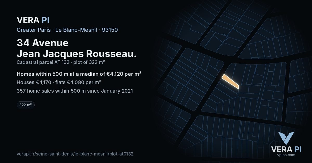 34 Avenue Jean Jacques Rousseau, Le Blanc-Mesnil at night – the plot lit, the parcels around coloured by the prices near them