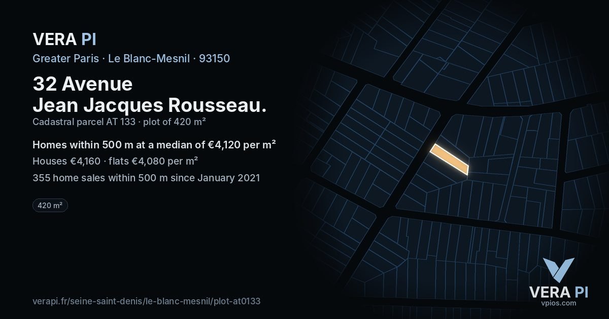 32 Avenue Jean Jacques Rousseau, Le Blanc-Mesnil at night – the plot lit, the parcels around coloured by the prices near them