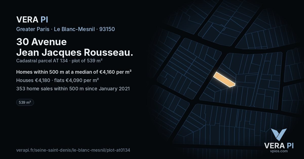30 Avenue Jean Jacques Rousseau, Le Blanc-Mesnil at night – the plot lit, the parcels around coloured by the prices near them
