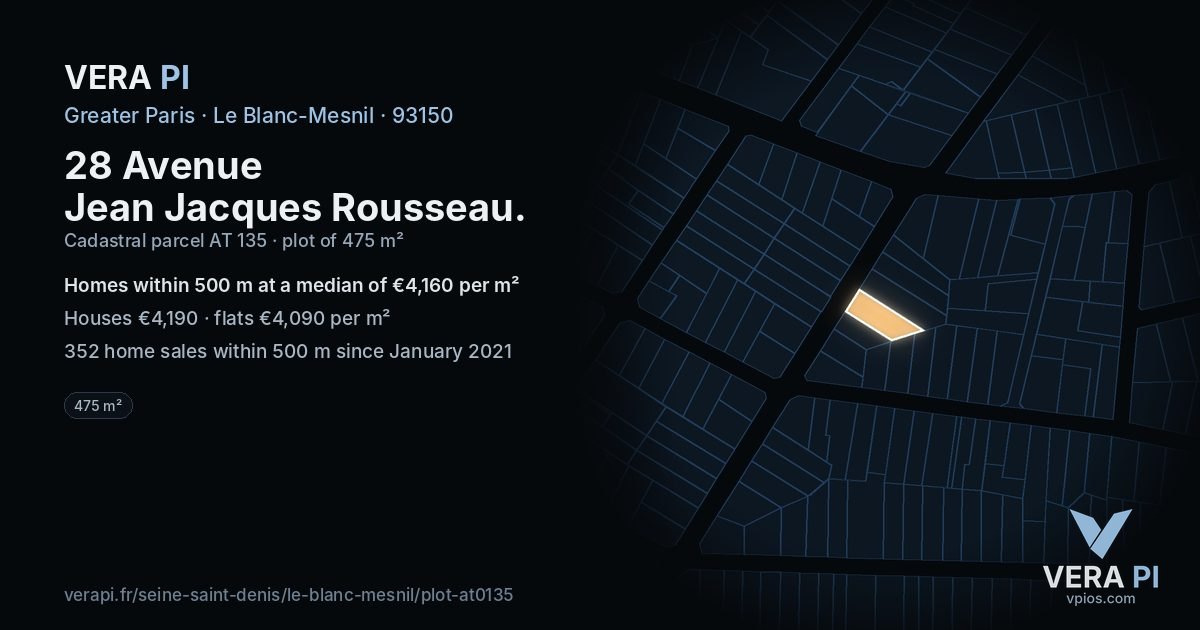 28 Avenue Jean Jacques Rousseau, Le Blanc-Mesnil at night – the plot lit, the parcels around coloured by the prices near them