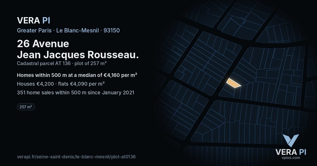 26 Avenue Jean Jacques Rousseau, Le Blanc-Mesnil at night – the plot lit, the parcels around coloured by the prices near them