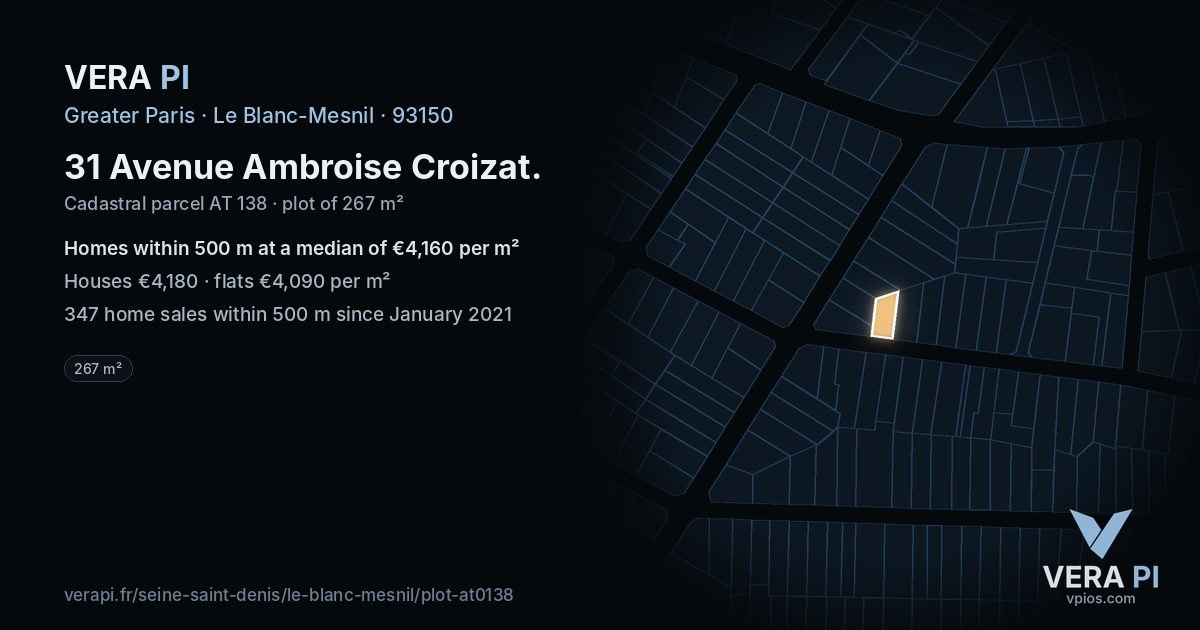 31 Avenue Ambroise Croizat, Le Blanc-Mesnil at night – the plot lit, the parcels around coloured by the prices near them
