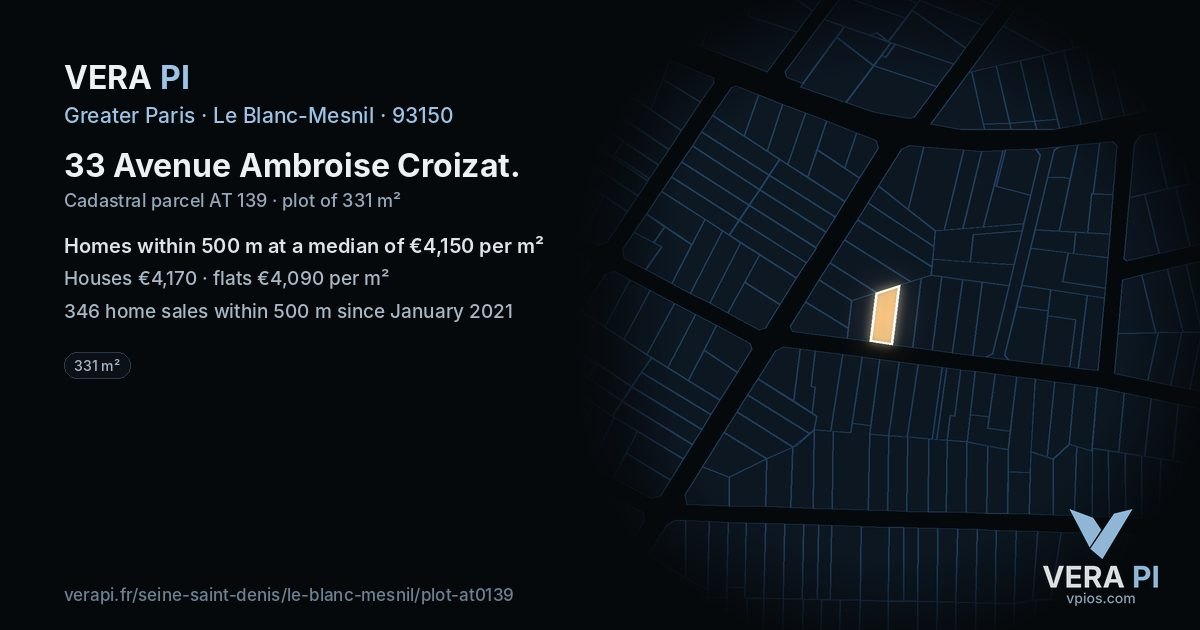 33 Avenue Ambroise Croizat, Le Blanc-Mesnil at night – the plot lit, the parcels around coloured by the prices near them