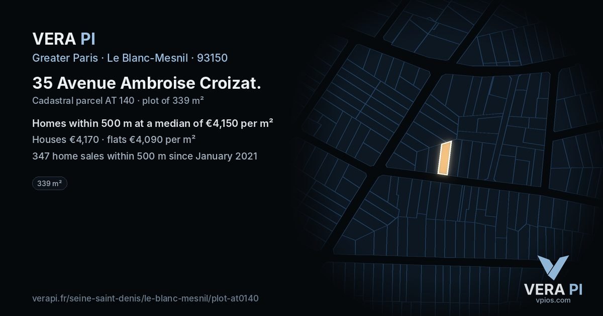 35 Avenue Ambroise Croizat, Le Blanc-Mesnil at night – the plot lit, the parcels around coloured by the prices near them