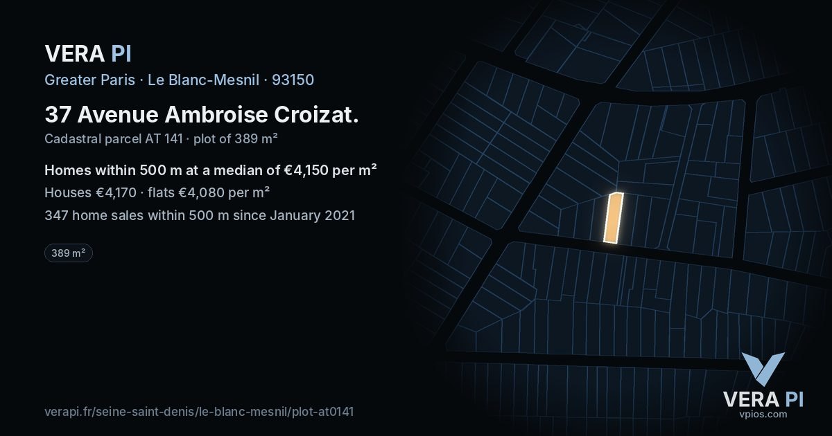 37 Avenue Ambroise Croizat, Le Blanc-Mesnil at night – the plot lit, the parcels around coloured by the prices near them