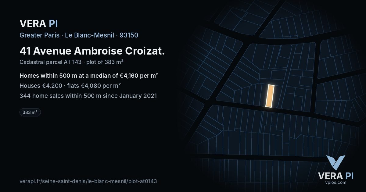 41 Avenue Ambroise Croizat, Le Blanc-Mesnil at night – the plot lit, the parcels around coloured by the prices near them