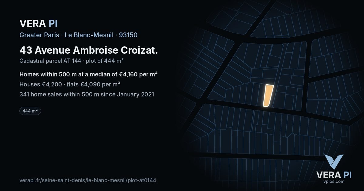 43 Avenue Ambroise Croizat, Le Blanc-Mesnil at night – the plot lit, the parcels around coloured by the prices near them