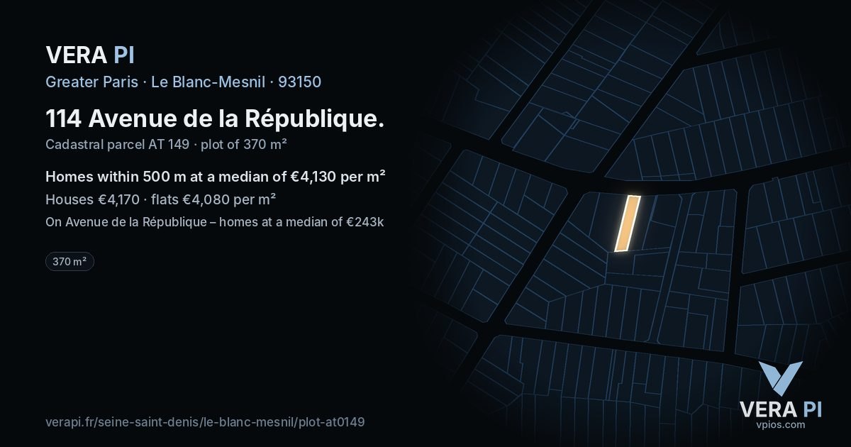 114 Avenue de la République, Le Blanc-Mesnil at night – the plot lit, the parcels around coloured by the prices near them