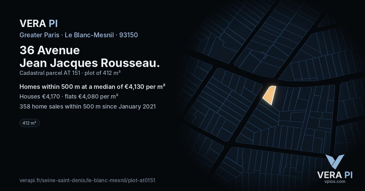 36 Avenue Jean Jacques Rousseau, Le Blanc-Mesnil at night – the plot lit, the parcels around coloured by the prices near them