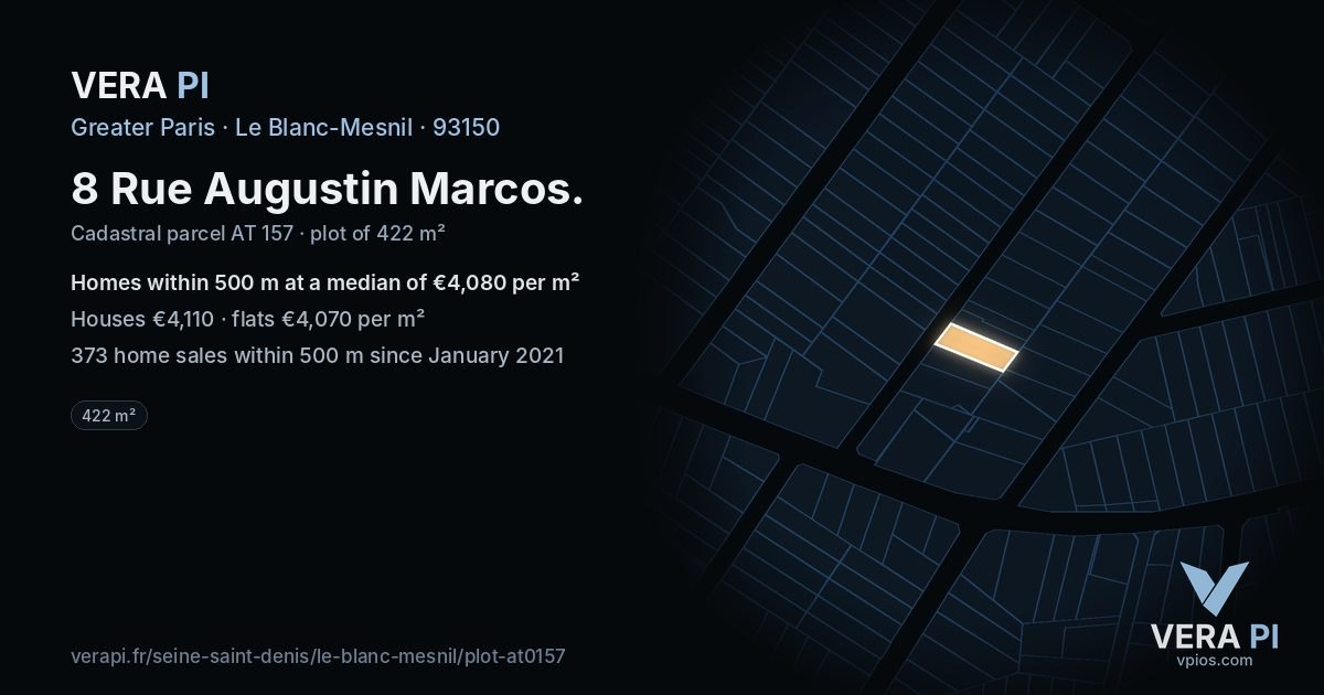 8 Rue Augustin Marcos, Le Blanc-Mesnil at night – the plot lit, the parcels around coloured by the prices near them