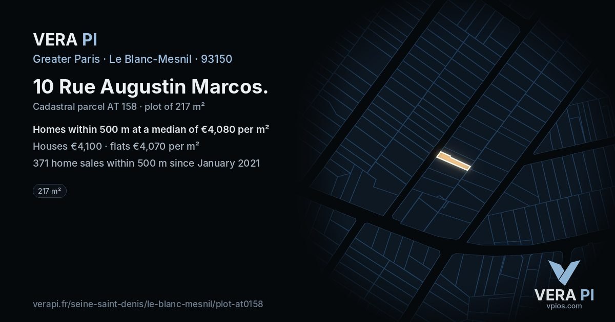 10 Rue Augustin Marcos, Le Blanc-Mesnil at night – the plot lit, the parcels around coloured by the prices near them