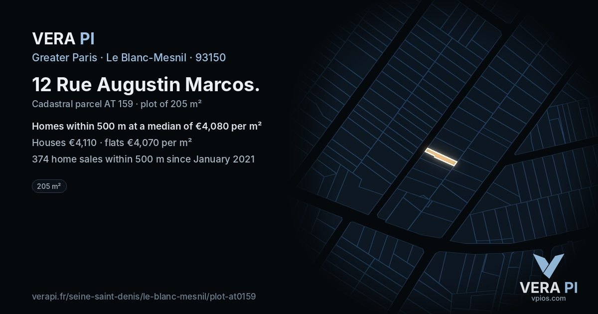 12 Rue Augustin Marcos, Le Blanc-Mesnil at night – the plot lit, the parcels around coloured by the prices near them
