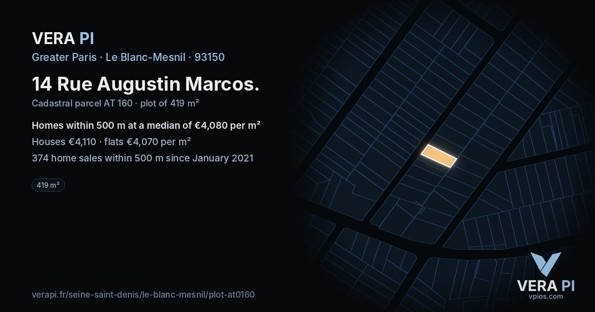 14 Rue Augustin Marcos, Le Blanc-Mesnil at night – the plot lit, the parcels around coloured by the prices near them