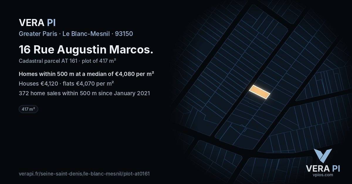 16 Rue Augustin Marcos, Le Blanc-Mesnil at night – the plot lit, the parcels around coloured by the prices near them