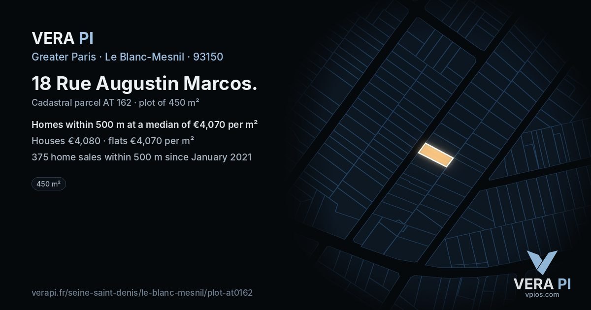 18 Rue Augustin Marcos, Le Blanc-Mesnil at night – the plot lit, the parcels around coloured by the prices near them