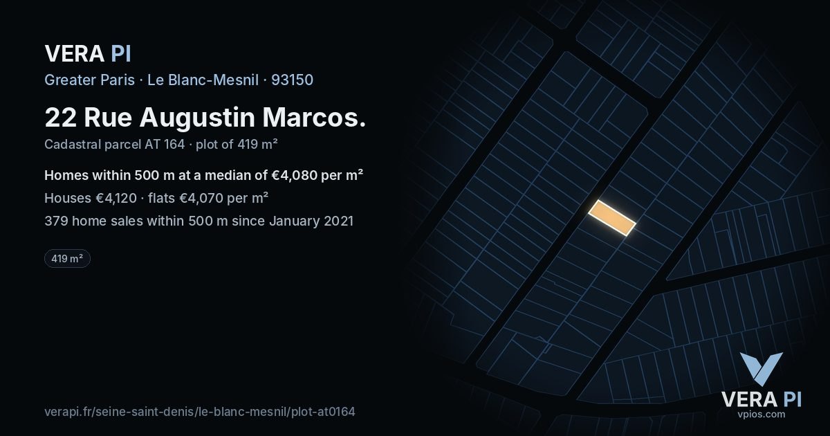 22 Rue Augustin Marcos, Le Blanc-Mesnil at night – the plot lit, the parcels around coloured by the prices near them