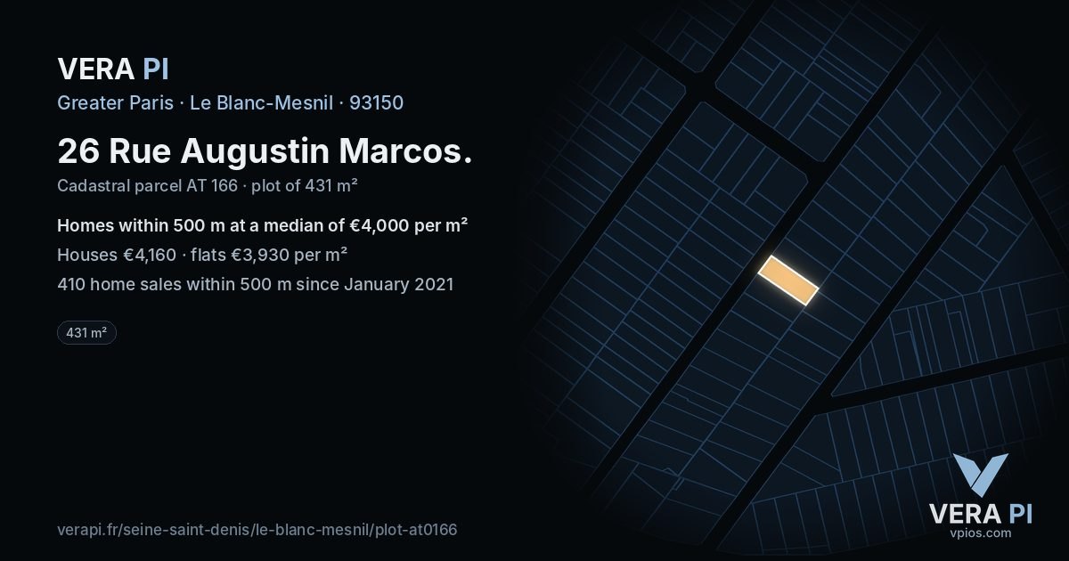 26 Rue Augustin Marcos, Le Blanc-Mesnil at night – the plot lit, the parcels around coloured by the prices near them