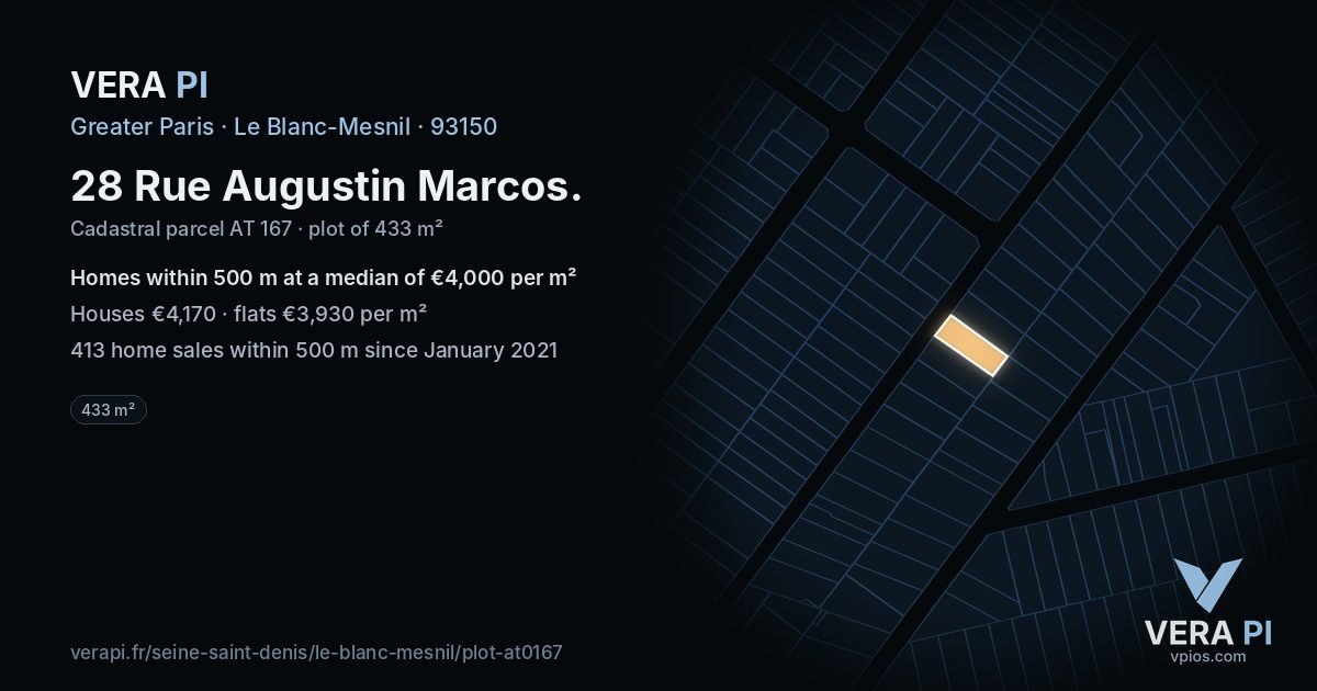 28 Rue Augustin Marcos, Le Blanc-Mesnil at night – the plot lit, the parcels around coloured by the prices near them