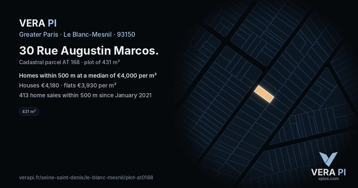 30 Rue Augustin Marcos, Le Blanc-Mesnil at night – the plot lit, the parcels around coloured by the prices near them