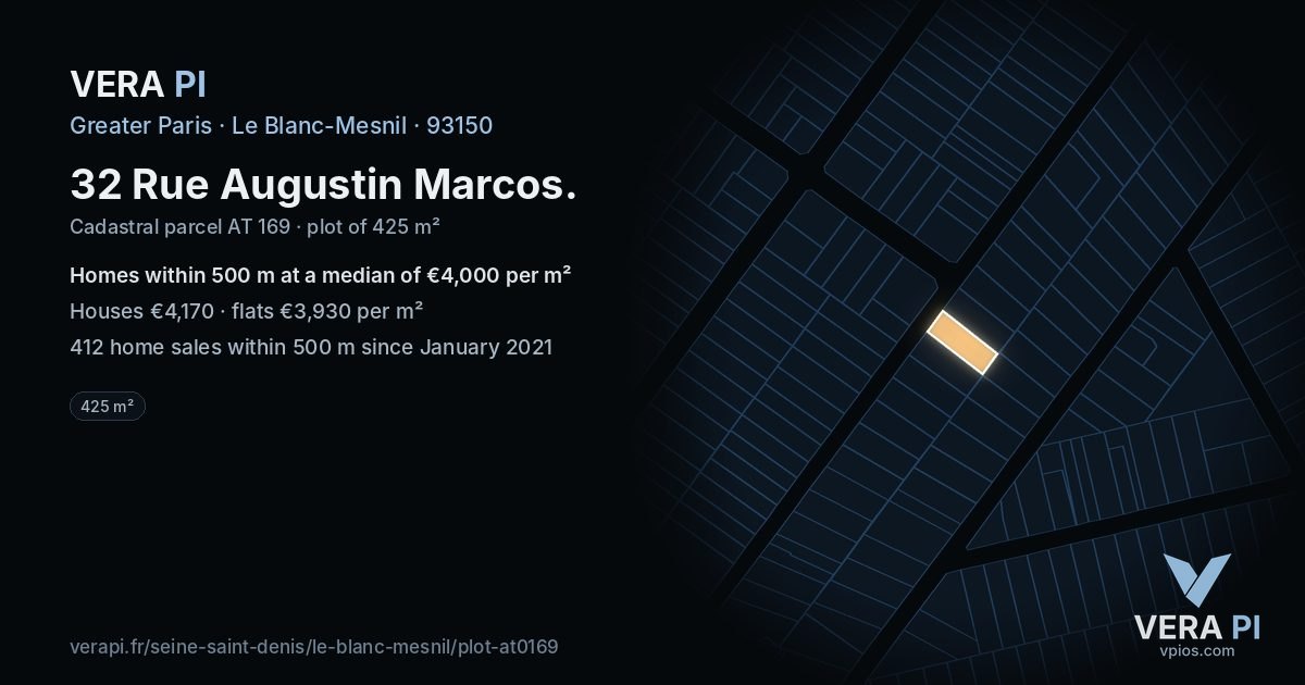 32 Rue Augustin Marcos, Le Blanc-Mesnil at night – the plot lit, the parcels around coloured by the prices near them