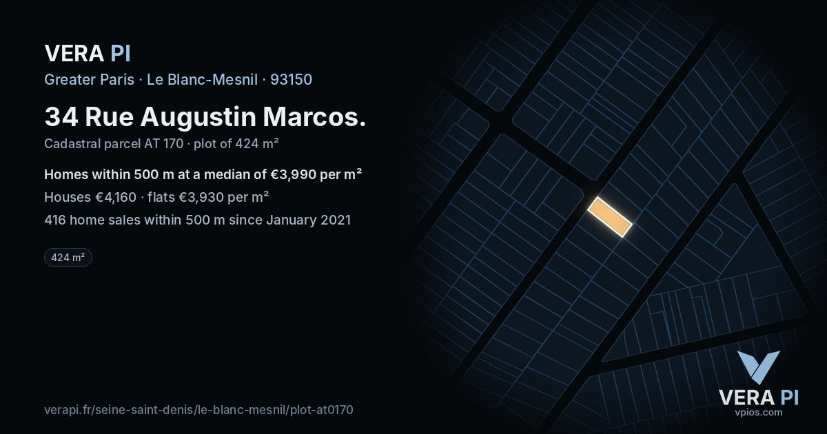 34 Rue Augustin Marcos, Le Blanc-Mesnil at night – the plot lit, the parcels around coloured by the prices near them