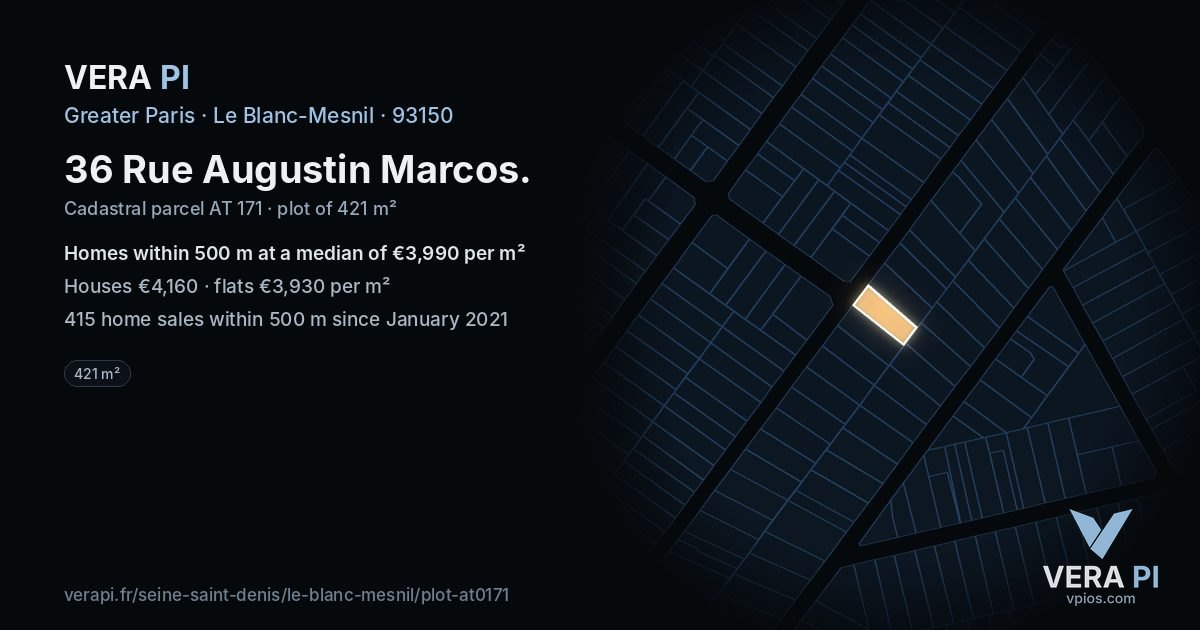 36 Rue Augustin Marcos, Le Blanc-Mesnil at night – the plot lit, the parcels around coloured by the prices near them