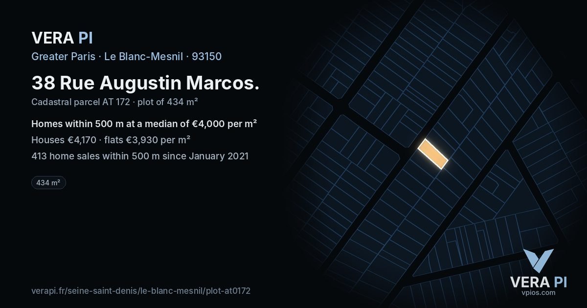 38 Rue Augustin Marcos, Le Blanc-Mesnil at night – the plot lit, the parcels around coloured by the prices near them