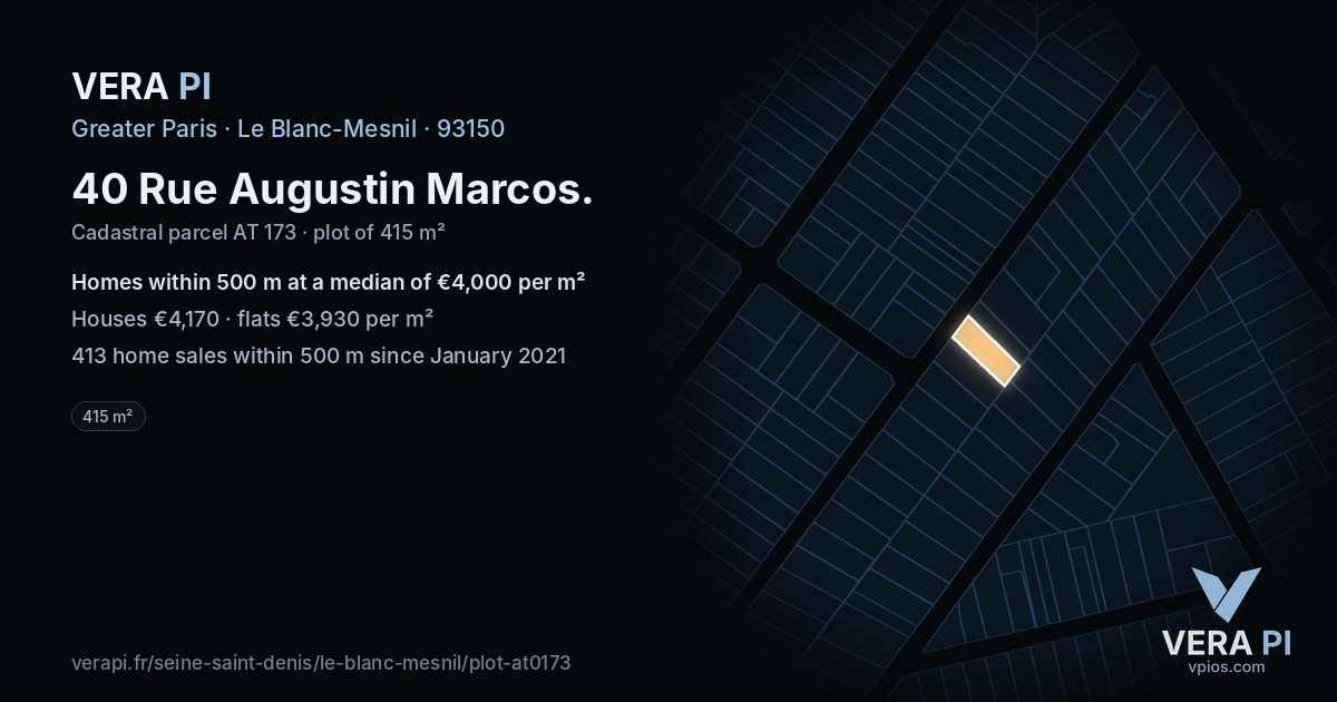 40 Rue Augustin Marcos, Le Blanc-Mesnil at night – the plot lit, the parcels around coloured by the prices near them