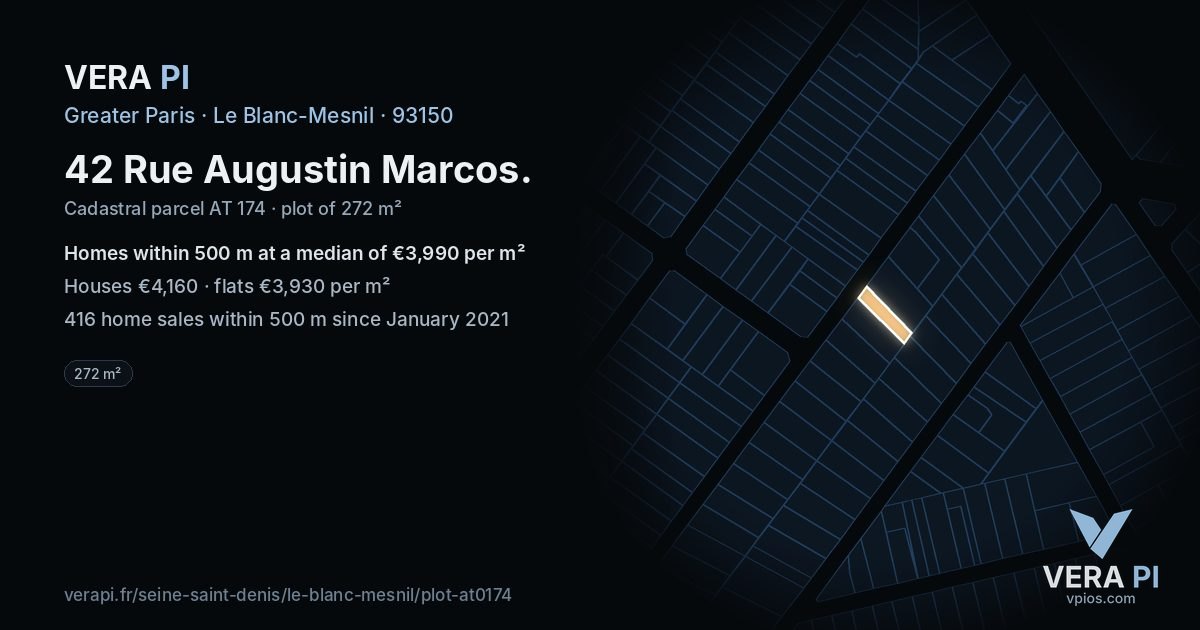 42 Rue Augustin Marcos, Le Blanc-Mesnil at night – the plot lit, the parcels around coloured by the prices near them