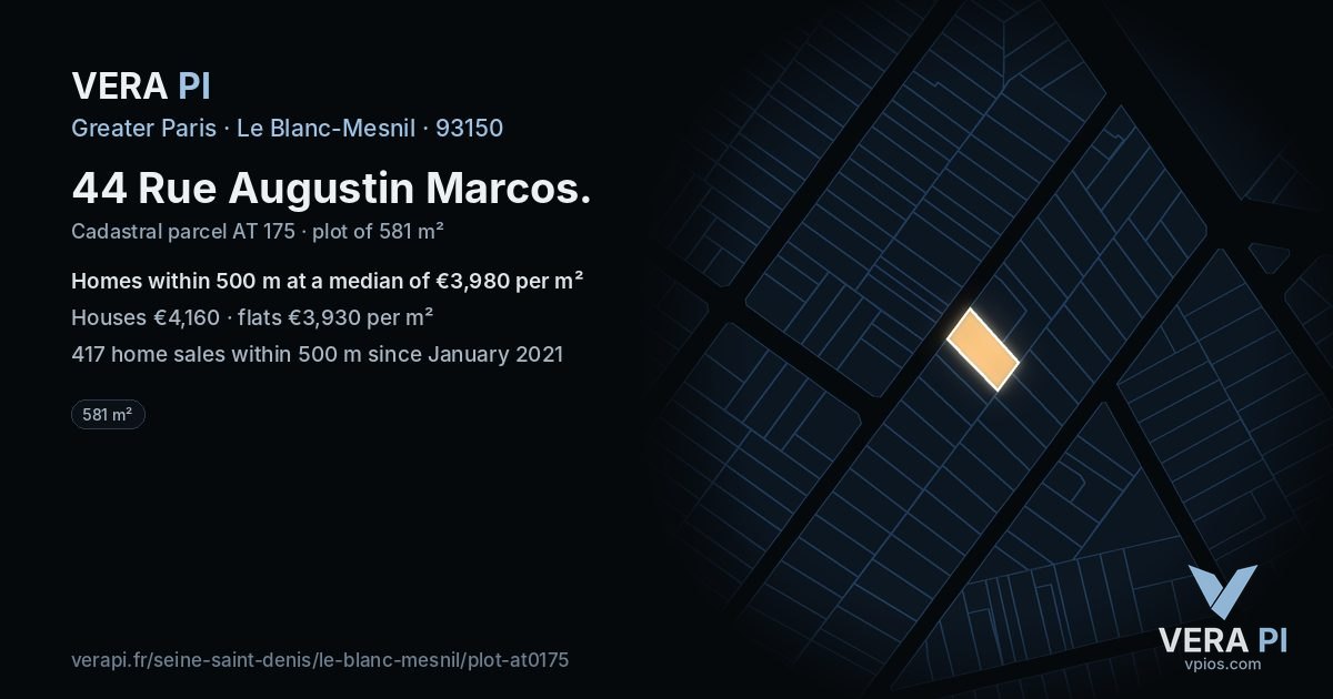 44 Rue Augustin Marcos, Le Blanc-Mesnil at night – the plot lit, the parcels around coloured by the prices near them